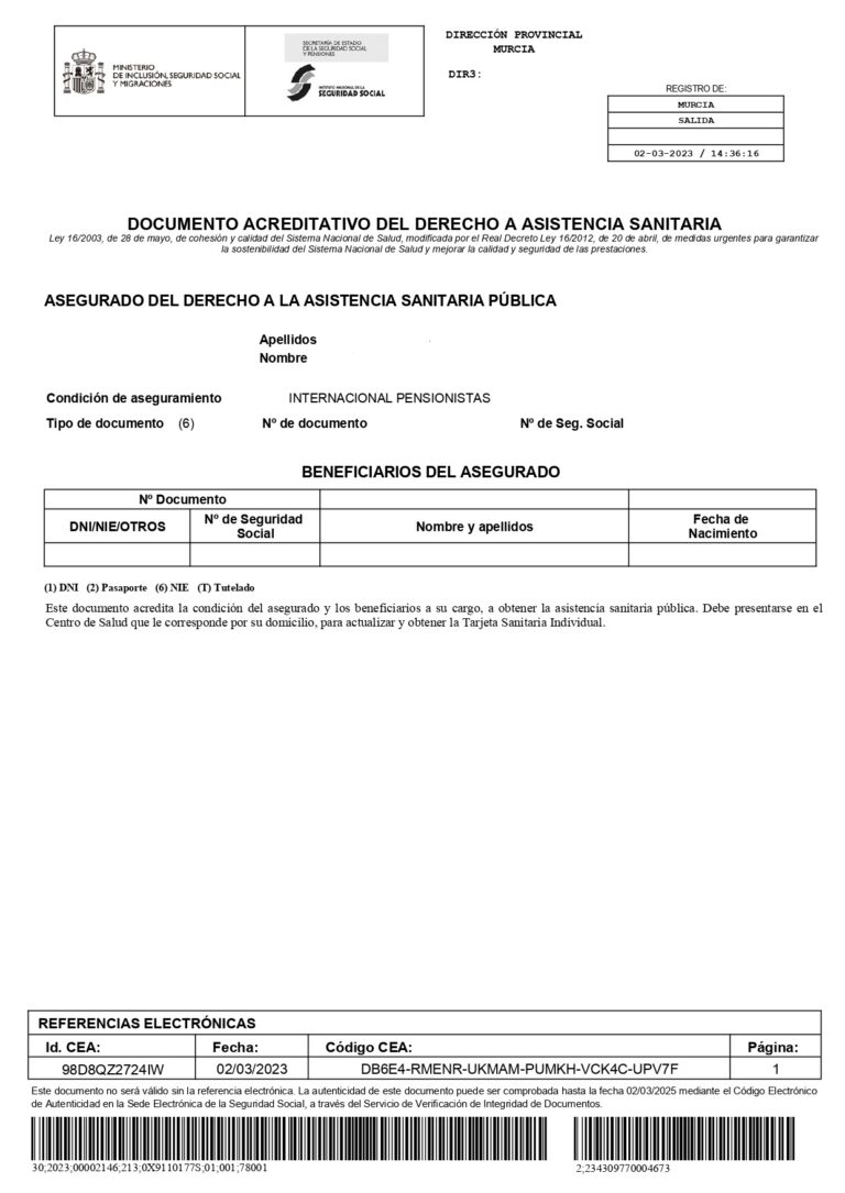 What Is A DOCUMENTO ACREDITATIVO DEL DERECHO DE ASISTENCIA SANITARIA